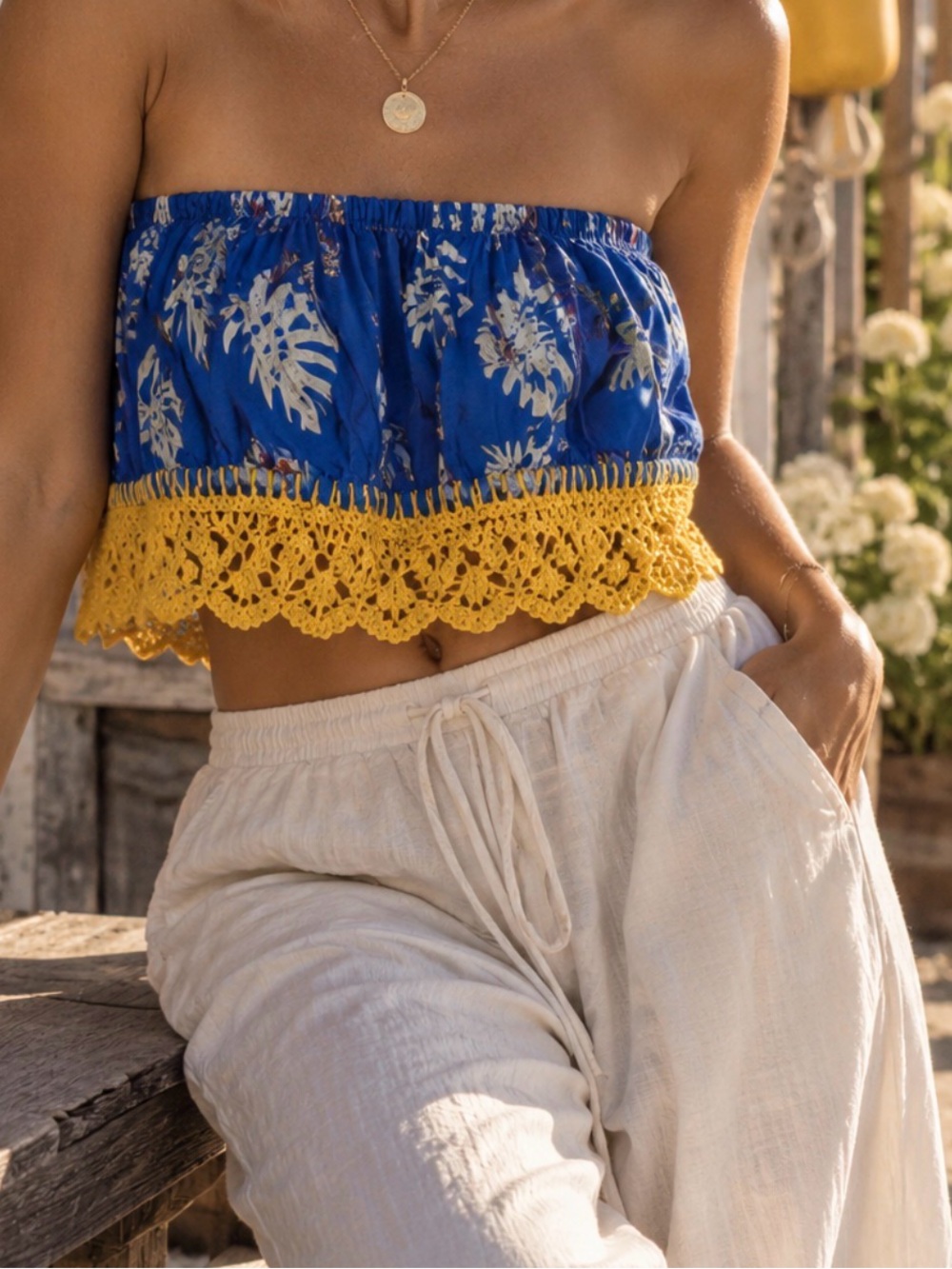 CHASING UNICORNS | Blue/Yellow Crochet Trim Strapless Crop Top